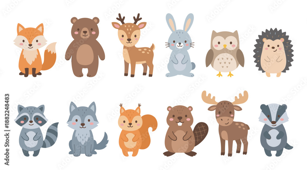 Fototapeta premium Charming collection of cute woodland animals featuring a fox, bear, deer, rabbit, owl, hedgehog, raccoon, and wolf, all depicted in a simple, flat cartoon illustration style