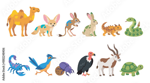 Collection of cute cartoon desert animals featuring a camel, fennec fox, snake, scorpion, vulture, and tortoise in a simple flat vector illustration style for children