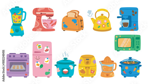 Cute cartoon kitchen appliance vector illustration set with a blender, refrigerator, microwave, and kettle in a whimsical, colorful, and playful flat design style
