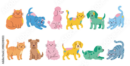 Collection of cute colorful cartoon cats and dogs in various playful poses, illustrated in a simple flat design style with a cheerful and friendly aesthetic for children's themes