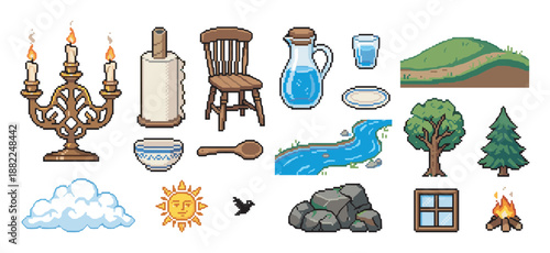 Collection of various pixel art objects for a retro video game, including nature elements like trees and a river, and household items like a chair and a candelabra