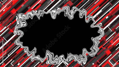 A black void surrounded by torn metallic edge with red and silver abstract background elements