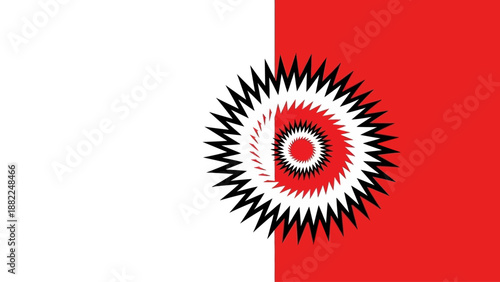 Abstract spiral design centered on a split red and white background from a direct viewpoint