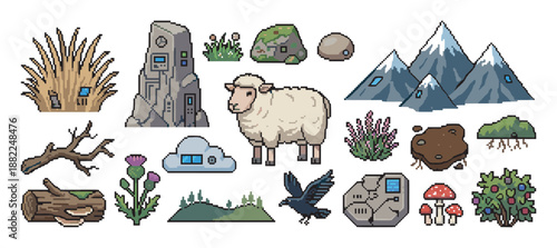 Collection of pixel art game assets featuring nature and fantasy elements like a sheep, raven, mountains, and ancient stones for a retro video game design project