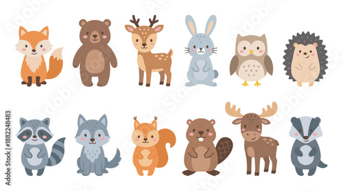 Charming collection of cute woodland animals featuring a fox, bear, deer, rabbit, owl, hedgehog, raccoon, and wolf, all depicted in a simple, flat cartoon illustration style