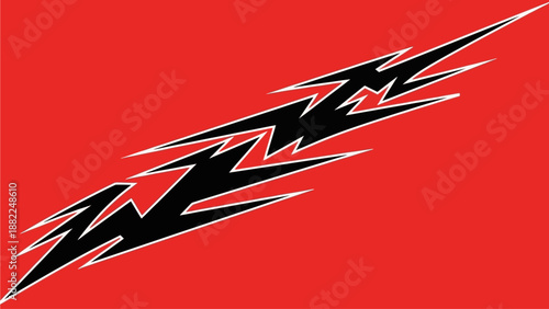 Dynamic black lightning bolt on red background illustration viewed from straight on