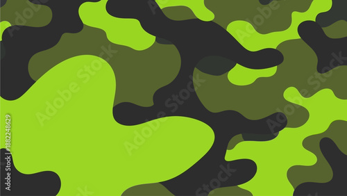 Abstract camouflage pattern with green shapes on a dark background, viewed from directly above, showcasing irregular forms and vibrant colors.