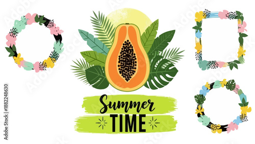 Summer themed graphic design elements featuring a papaya and floral wreaths in a vibrant illustration