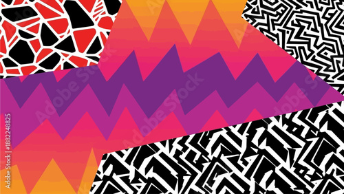 Vibrant abstract geometric patterns in a layered composition, featuring zigzags and shapes, digitally illustrated with steven reference