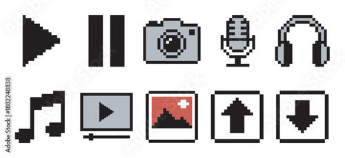 Set of pixel art media icons featuring play, pause, camera, microphone, and headphone symbols in a retro 8-bit video game style for user interface design
