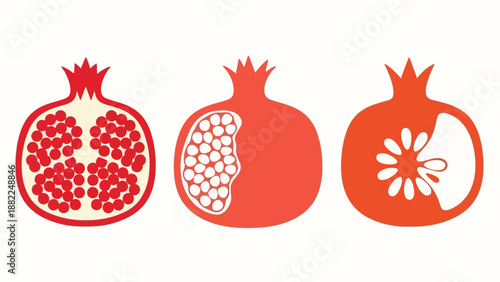 Illustration of three pomegranates in various stages of being cut open