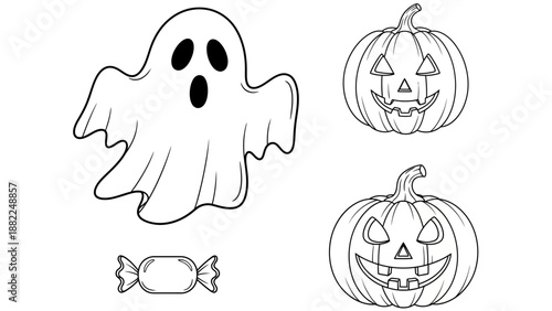 Halloween characters including ghost, pumpkins, and candy, depicted in simple line art, viewed from the front.