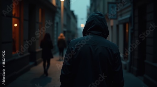 Crime, stalking and sexual assault concept. Back of man in hood following woman in dark narrow street at night late evening 