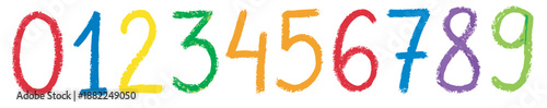 Colorful hand-drawn numbers from zero to nine in a playful crayon texture style for kids' education, a fun and vibrant set of digits for learning and creative design projects