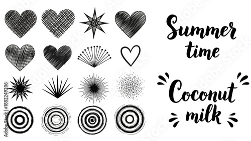 Collection of Hand-Drawn Summer Illustrations Featuring Hearts, Plants, and Concentric Circles