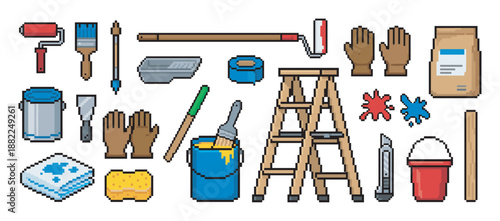 Collection of pixel art painting tools including a ladder, roller, brush, paint can, and gloves for home renovation and DIY projects in a retro 8-bit video game style