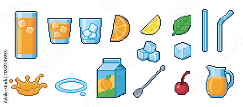 Pixel art icon set of orange juice and refreshing drink ingredients, featuring a glass, pitcher, carton, ice cubes, fruit slices, and a straw in a retro 8-bit video game style