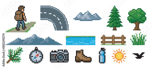 Pixel art collection of hiking and outdoor adventure icons including a hiker, mountains, trees, compass, camera, and other nature elements for a retro video game design