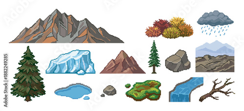 Collection of pixel art nature sprites featuring mountains, trees, an iceberg, a river, and a rain cloud, designed as retro 8-bit game assets for creating outdoor landscapes
