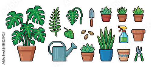 Set of pixel art gardening icons featuring houseplants like monstera and succulents, tools, and pots for indoor horticulture in a retro 8-bit video game style illustration