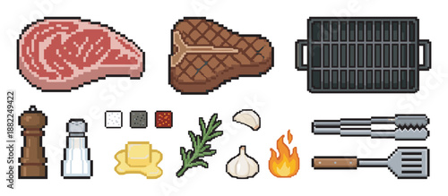 Pixel art icon set for grilling steak with raw ribeye, cooked t-bone, grill grate, spices, butter, herbs, and barbecue utensils in a retro 8-bit video game style