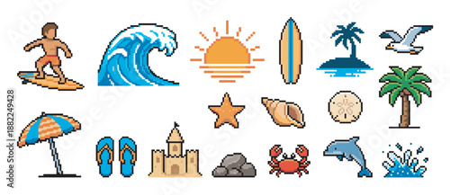 Pixel art beach and summer vacation icons set featuring a surfer, wave, sun, palm tree, surfboard, and other tropical elements in a retro 8-bit video game style illustration