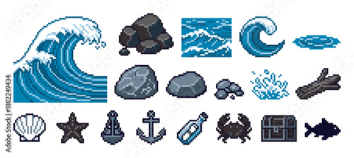 Large set of pixel art ocean icons with waves, rocks, a seashell, an anchor, a crab, and a treasure chest in a retro 8-bit video game style