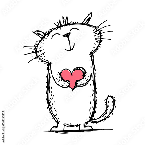 Happy cartoon cat holding a pink heart with a cheerful expression on Valentine's Day
