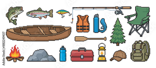 Collection of pixel art fishing and camping icons including a canoe, rod, fish, and campfire in a retro 8-bit video game style illustration set for outdoor adventure themes