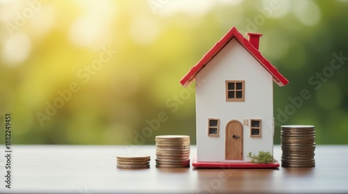 Home Loan and mortgage loan, Building Your Dream Home with Financial Planning and Real Estate Investment - A Guide to the Home Buying Process with Miniature tiny House and Coins money
