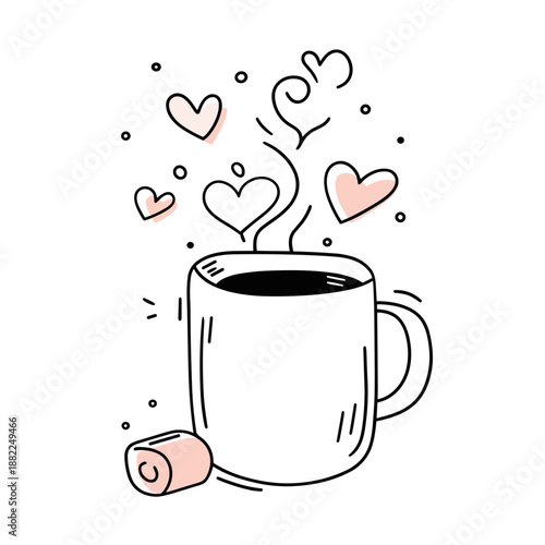 Cozy mug of hot beverage with hearts and marshmallow beside it on Valentine's Day