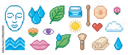 Set of pixel art beauty and skincare icons featuring a face mask, cream jar, water drops, and cosmetic symbols in a retro 8-bit video game style illustration