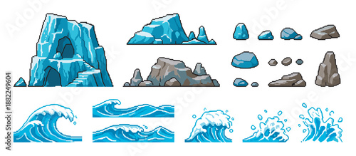 Detailed pixel art game asset set featuring an icy cave, arctic rocks, cliffs, and animated ocean wave and water splash sprites for a retro 2D video game