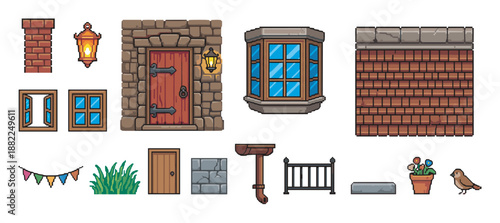 Set of pixel art game assets for building construction, including doors, windows, walls, and decorative elements for creating a vintage house exterior in a retro video game style