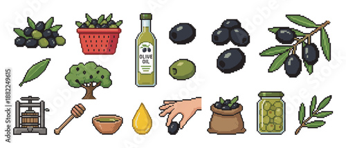Pixel art icon set of olives and olive oil production elements including a tree, branch, bottle, press, and jar in a retro 8-bit video game graphic style