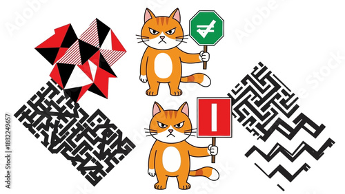 Two cartoon cats holding signs amidst abstract geometric shapes and mazes in a digital illustration