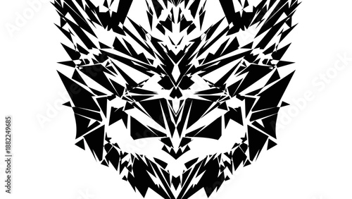 A black and white illustration of a wolf's face, fragmented into sharp geometric shapes, creating a dynamic and abstract representation of the animal's features.