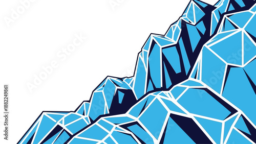 Geometric mountain landscape illustration with crystalline structures and icy tones from a low viewpoint