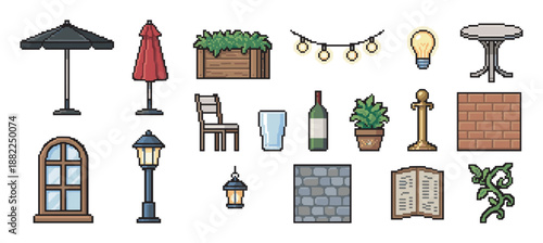 Set of pixel art icons depicting outdoor cafe and street elements, including furniture, lighting, plants, and architectural details for a retro 8-bit video game asset pack