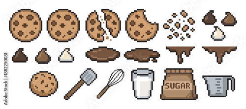 Pixel art icon set of cookies and baking ingredients including chocolate chips, milk, sugar, and utensils for a retro video game asset collection