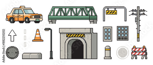 Set of pixel art city objects including a taxi, bridge, tunnel, and road signs, designed in a retro 8-bit video game style for creative digital illustration
