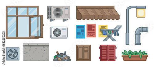 Set of pixel art urban building elements for game design, featuring a window, air conditioner, awning, and shutters, rendered in a retro 8-bit video game style