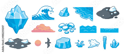 Collection of pixel art nature elements featuring an iceberg, ocean wave, ice floes, water textures, and rocks, designed in a retro 8-bit video game style for creative projects