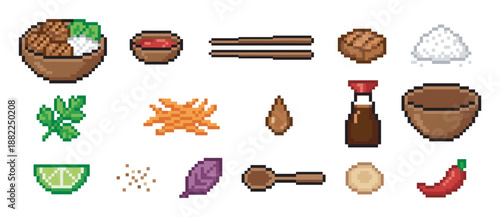 Pixel art collection of Asian food ingredients and dishes including a meal bowl, soy sauce, chili, and lime, presented in a retro 8-bit video game style for culinary concepts