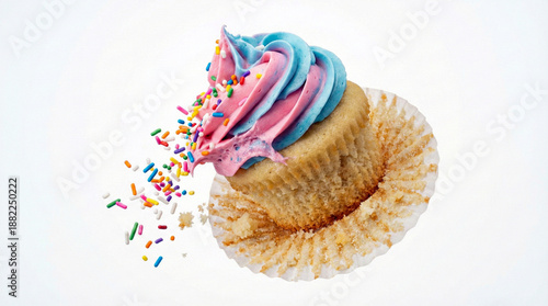 Vanilla cupcake with pink and blue frosting blowing away in motion