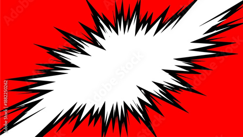 Dynamic comic style explosion with sharp jagged edges and vibrant red background viewed from a close-up perspective
