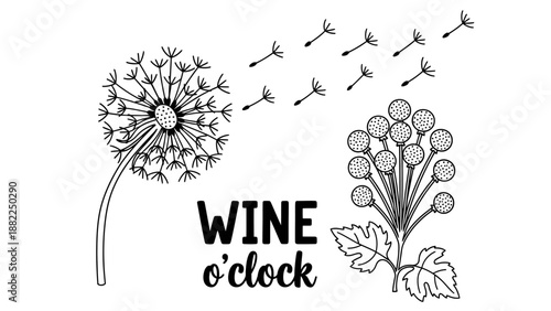 Dandelion seeds blowing in the wind, wine hour illustration from a side view