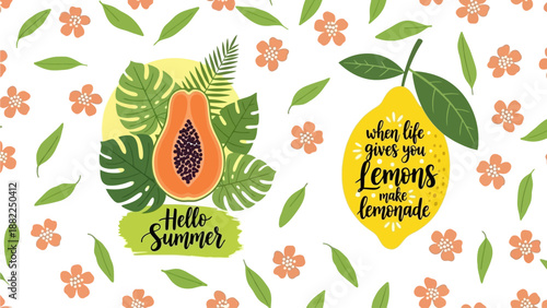 Vibrant Summer Illustration Featuring Tropical Fruits and Floral Patterns