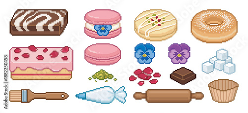 Pixel art set of baking ingredients and desserts including cakes, macarons, donuts, and various pastry tools for a sweet confectionery theme in a retro 8-bit video game style