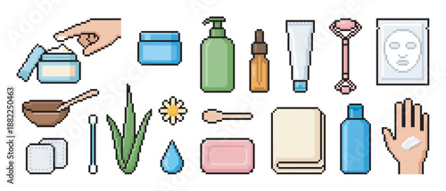 Pixel art skincare and beauty routine icons featuring cream, serum, lotion, a facial mask, and a roller for a complete self-care regimen illustration